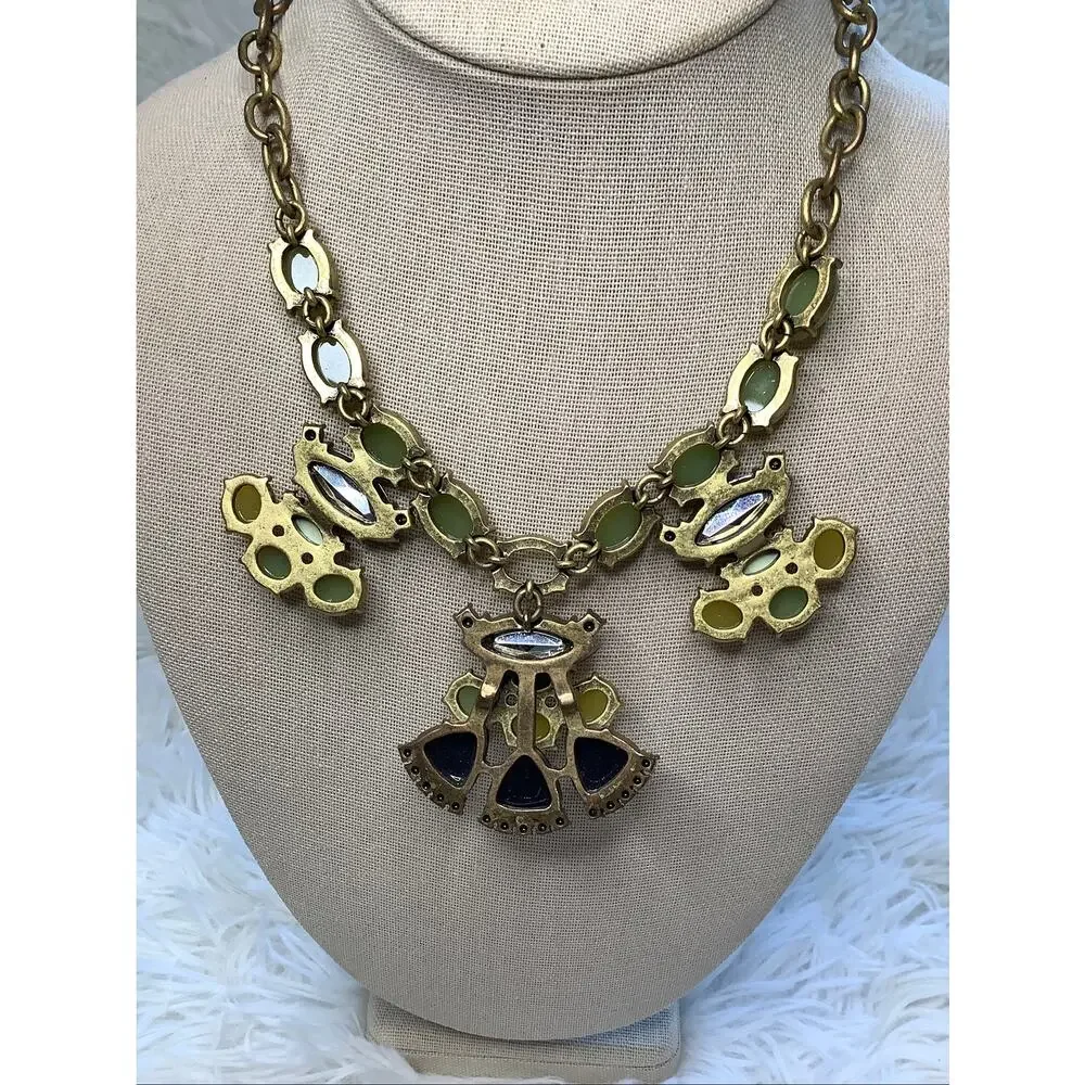 J Crew Gold Tone Green Jade Blue Crystal Statement Bib Necklace Boho Y2K F10-11